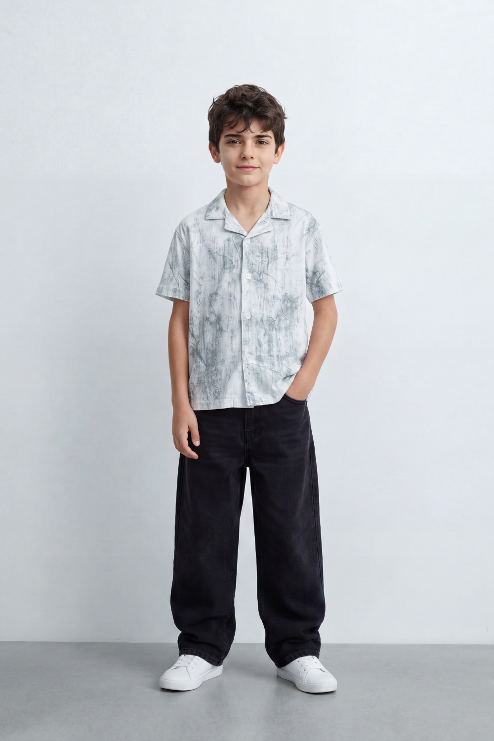Boy's Tomato Store Cloud Sketch Resort Shirt Faded Botanical Wash Print Moves Across Crinkle Grain