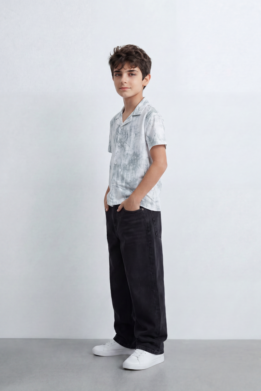 Boy's Tomato Store Cloud Sketch Resort Shirt Faded Botanical Wash Print Moves Across Crinkle Grain