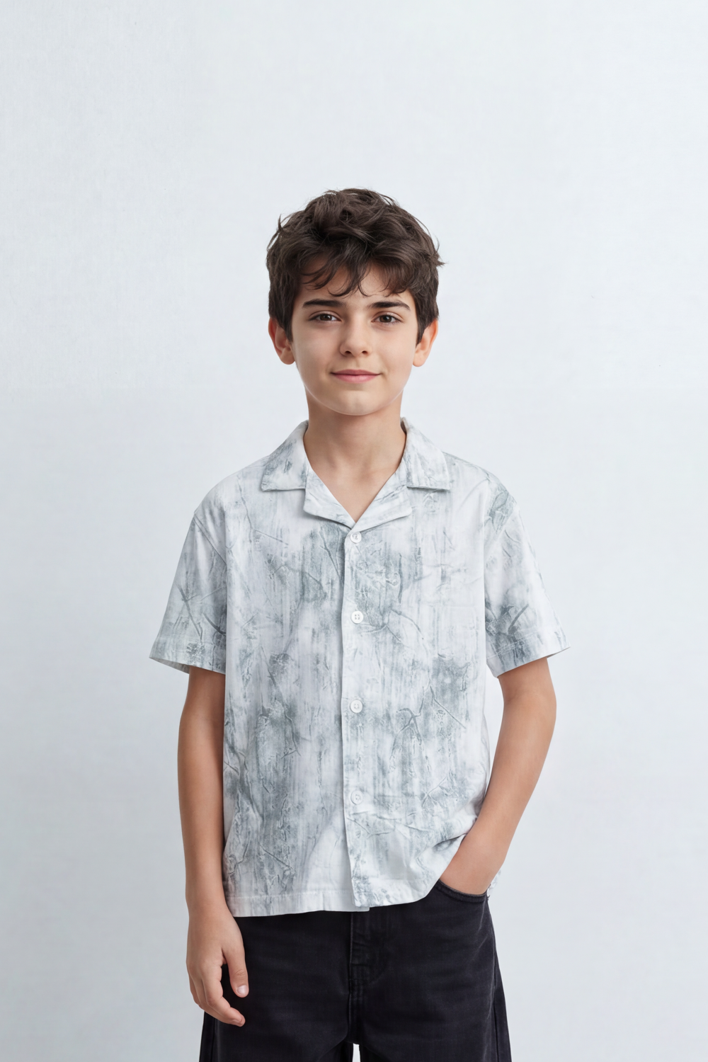 Boy's Tomato Store Cloud Sketch Resort Shirt Faded Botanical Wash Print Moves Across Crinkle Grain