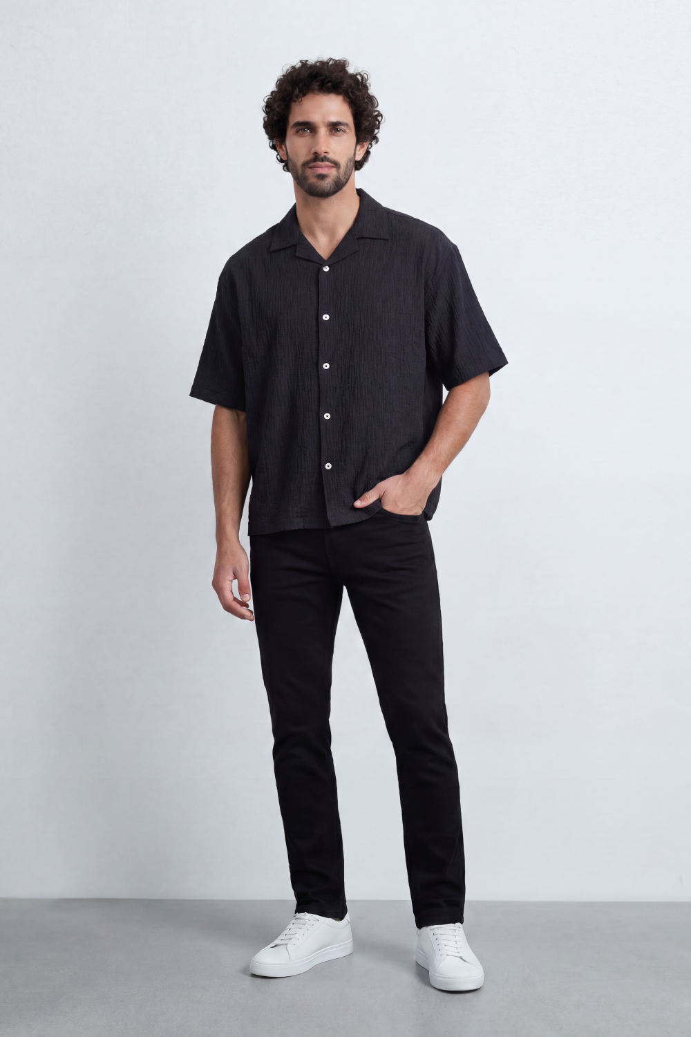 Men’s Tomato Store Midnight Crinkle Resort Box Fit Shirt Vertical Crushed Texture Gives Plain Body Laidback