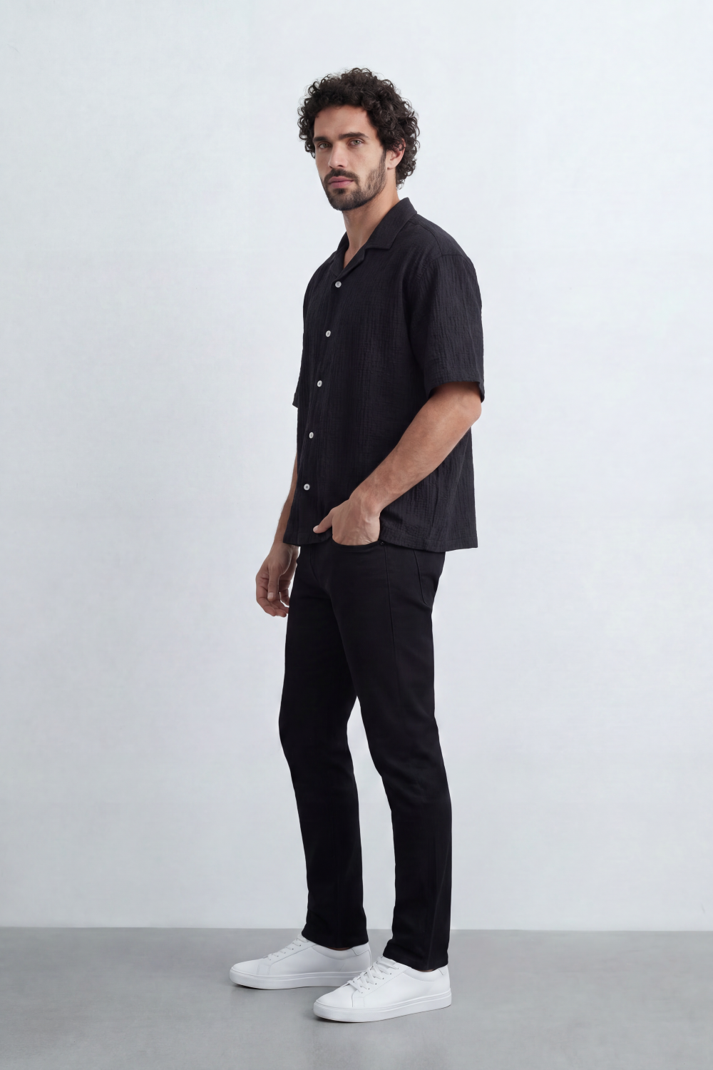 Men’s Tomato Store Midnight Crinkle Resort Box Fit Shirt Vertical Crushed Texture Gives Plain Body Laidback