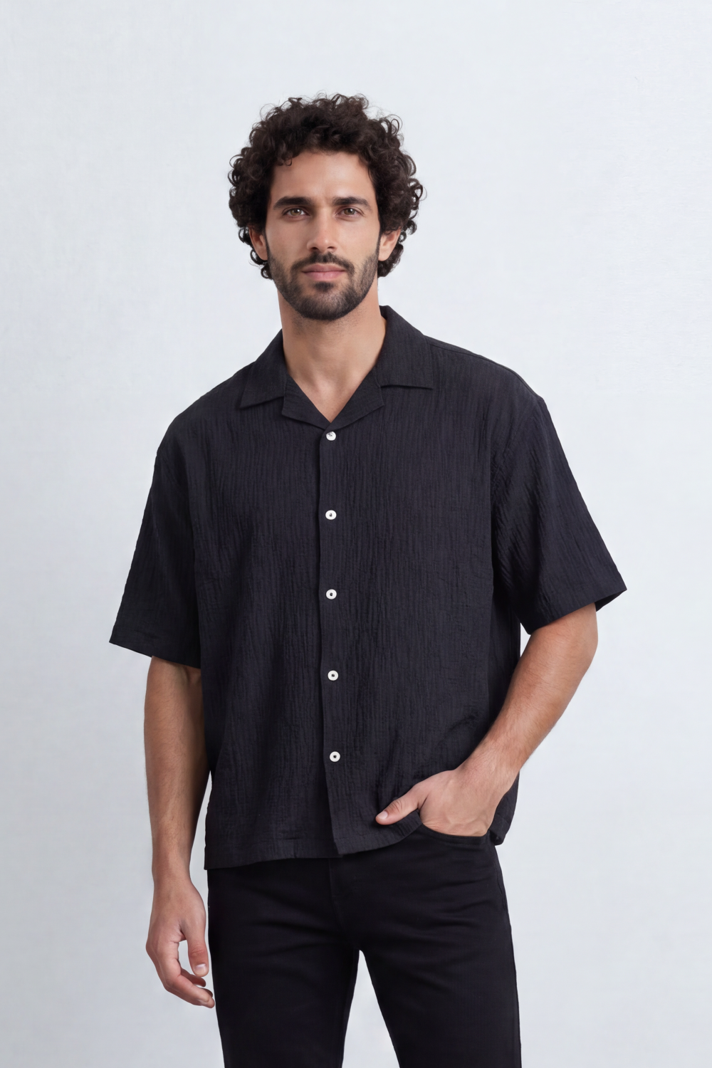 Men’s Tomato Store Midnight Crinkle Resort Box Fit Shirt Vertical Crushed Texture Gives Plain Body Laidback