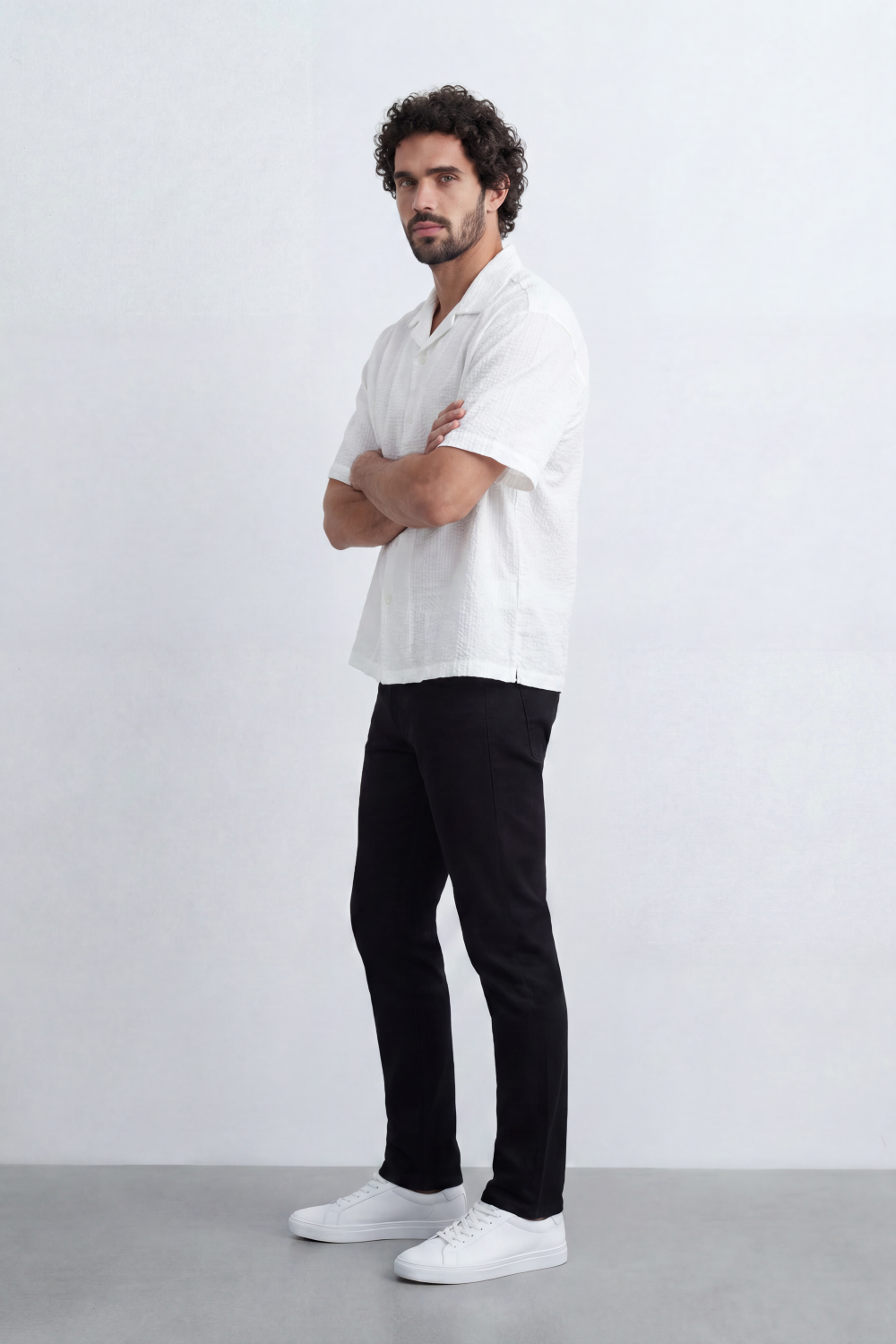 Men’s Tomato Store Midnight Crinkle Resort Box Fit Shirt Vertical Crushed Texture Gives Plain Body Laidback