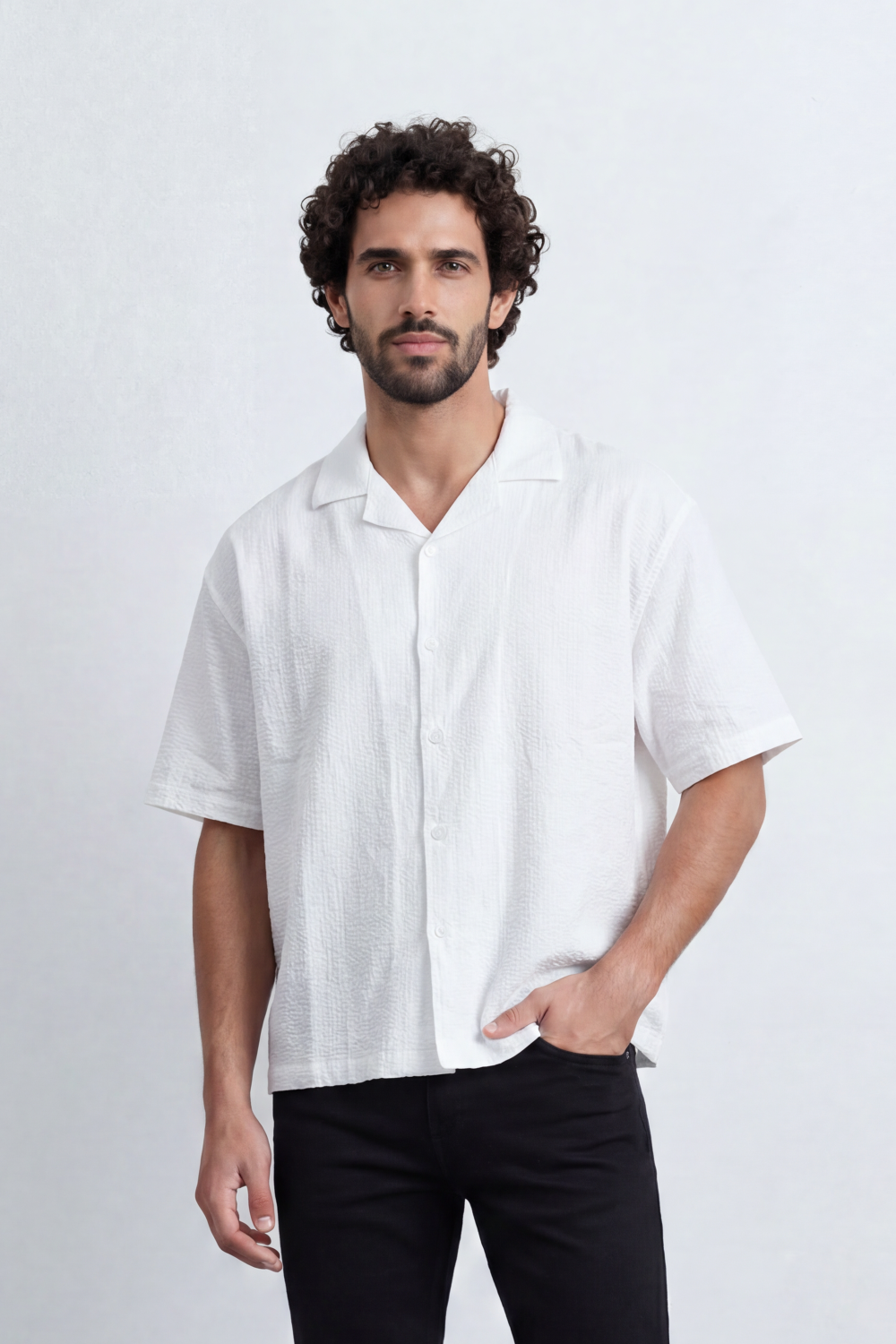 Men’s Tomato Store Midnight Crinkle Resort Box Fit Shirt Vertical Crushed Texture Gives Plain Body Laidback