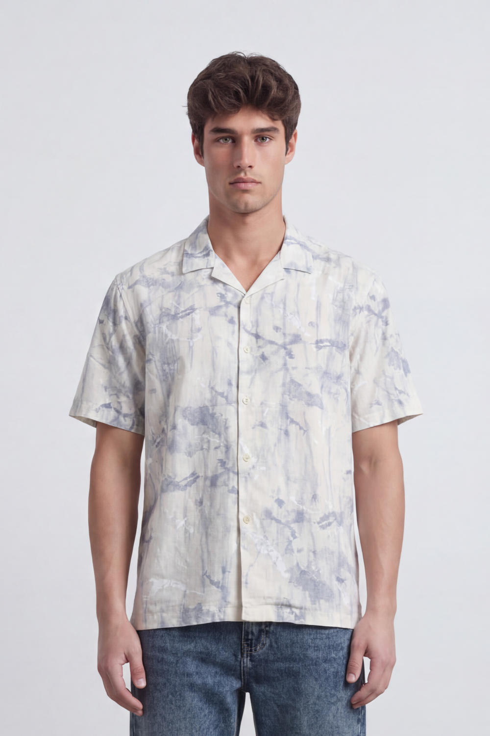 Men’s Tomato Store Water Vein Resort Shirt Abstract Cloud Wash Print Breaks Across A Crinkled Grain Surface