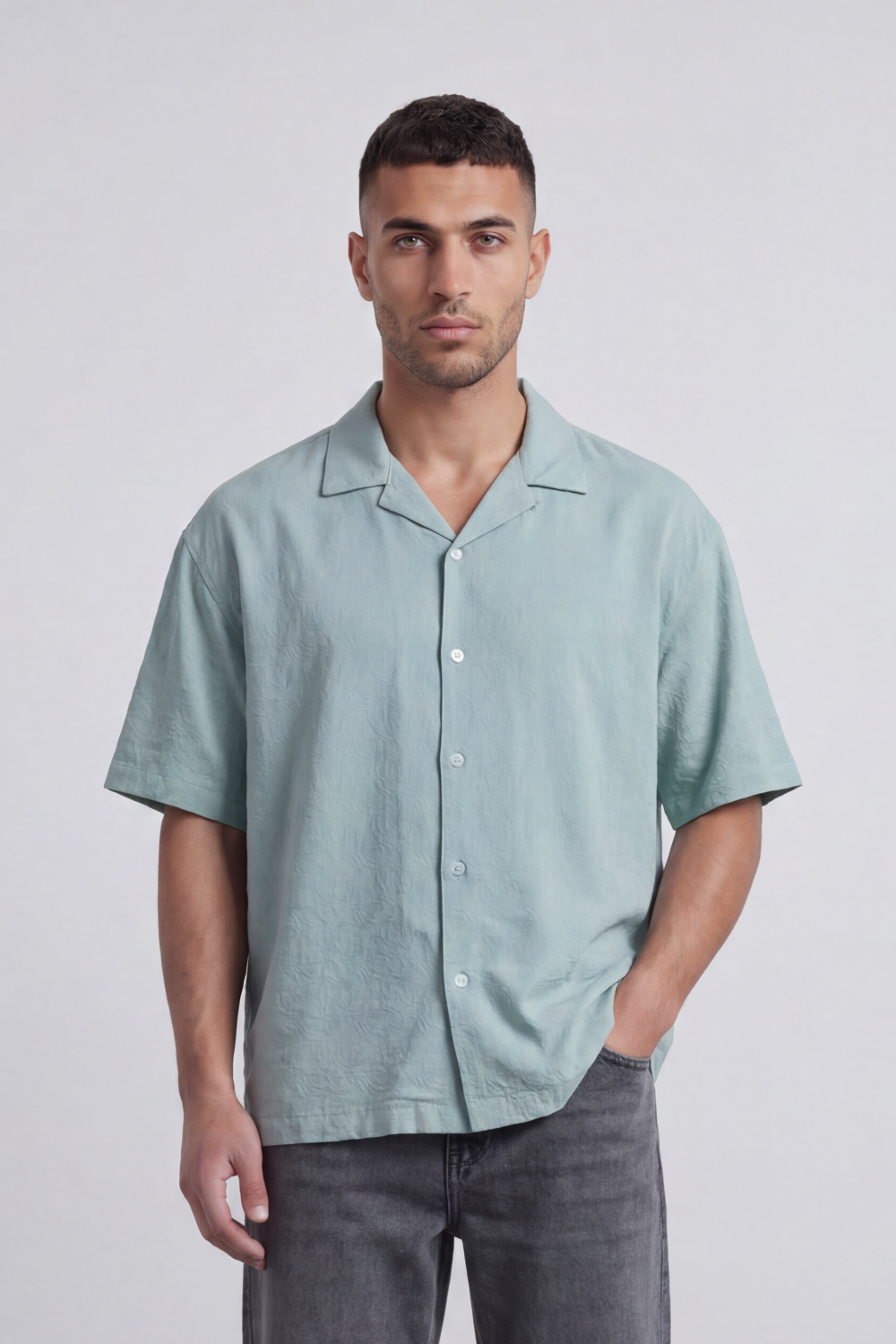 Men’s Tomato Store Palma Crinkle Shirt Paper Grain Texture Across Clean Plain Surface Button Front