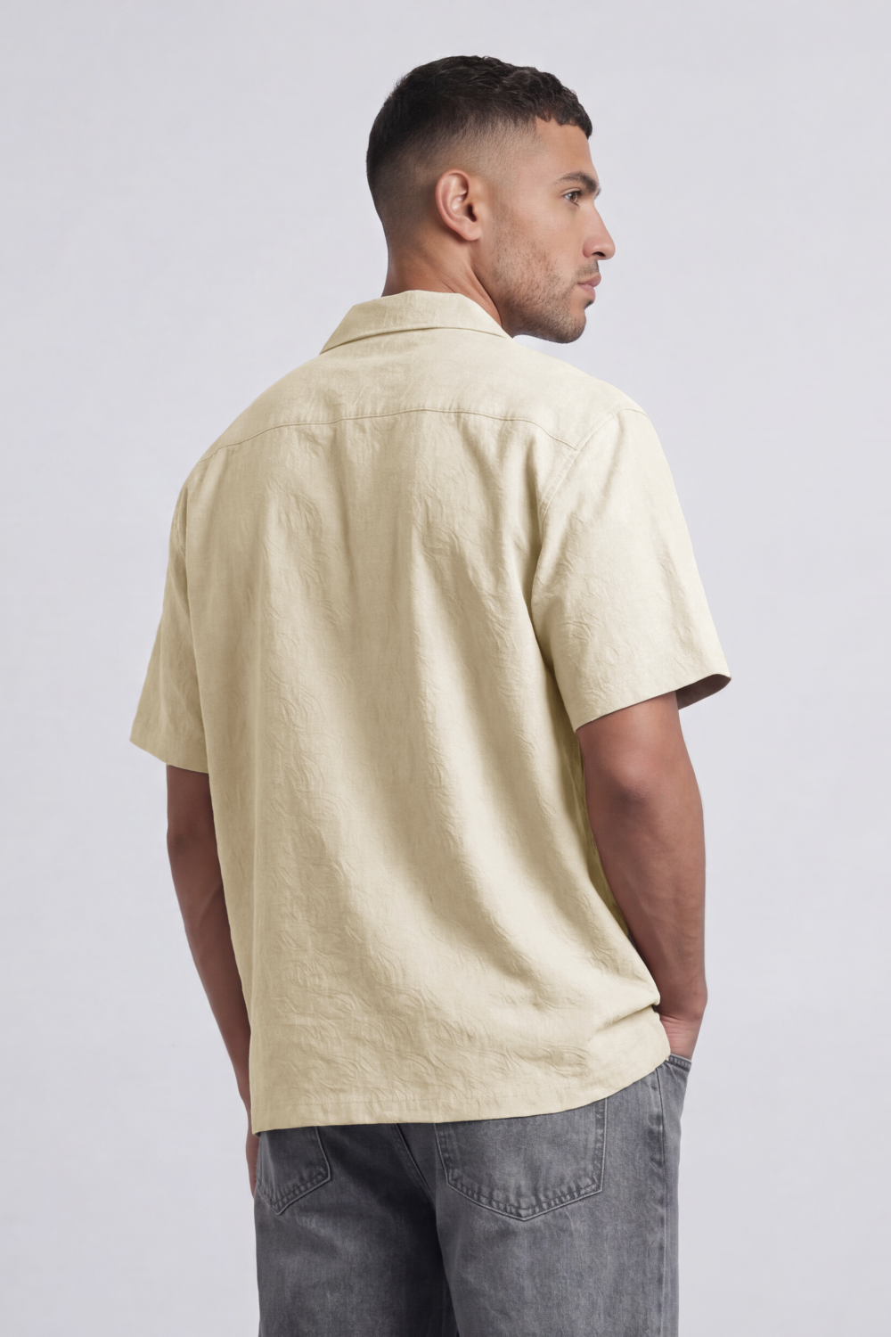 Men’s Tomato Store Palma Crinkle Shirt Paper Grain Texture Across Clean Plain Surface Button Front