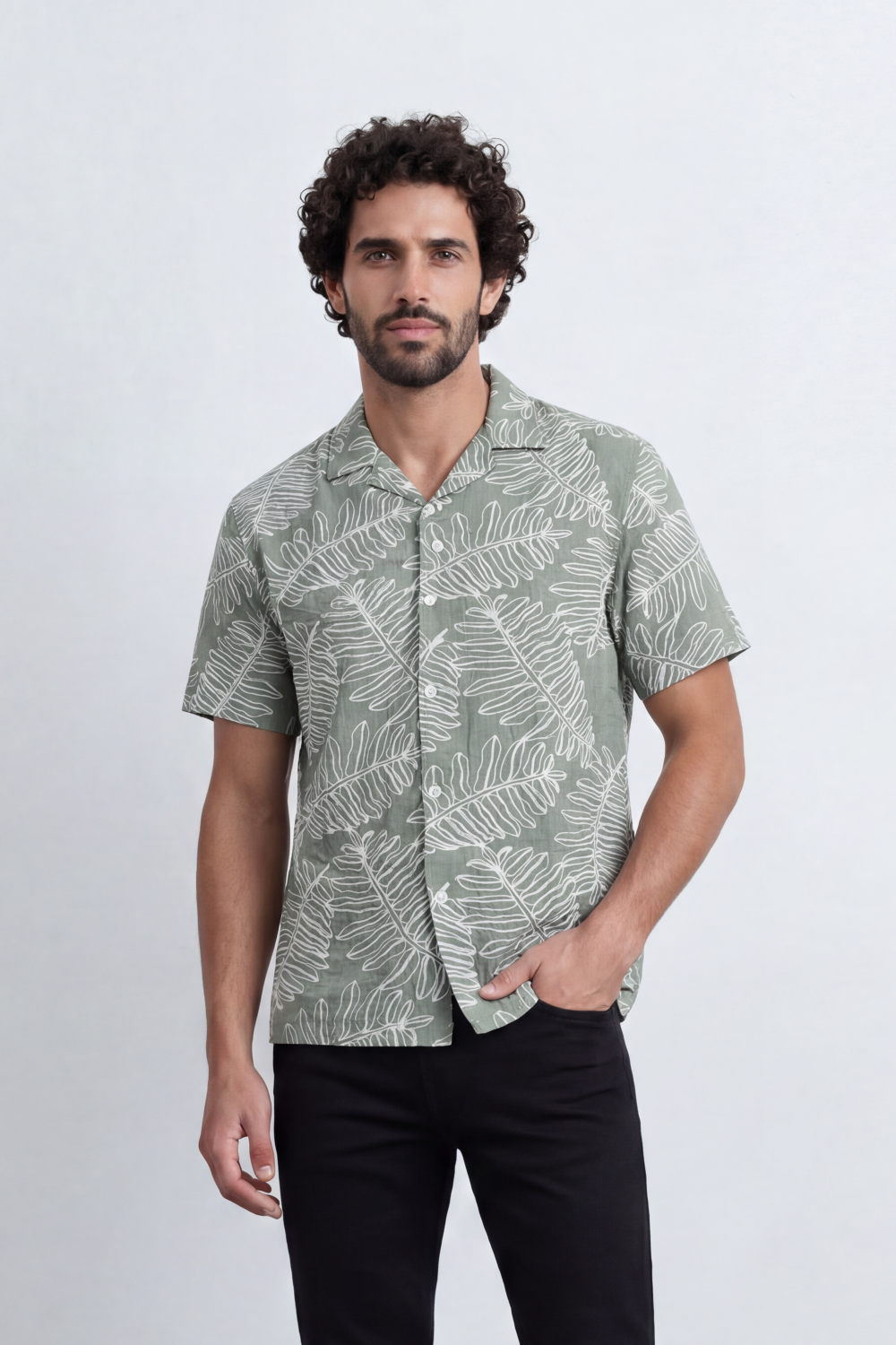 Men’s Tomato Store Leaf Trace Resort Shirt Allover Botanical Outline Print Over A Fine Slub Grain
