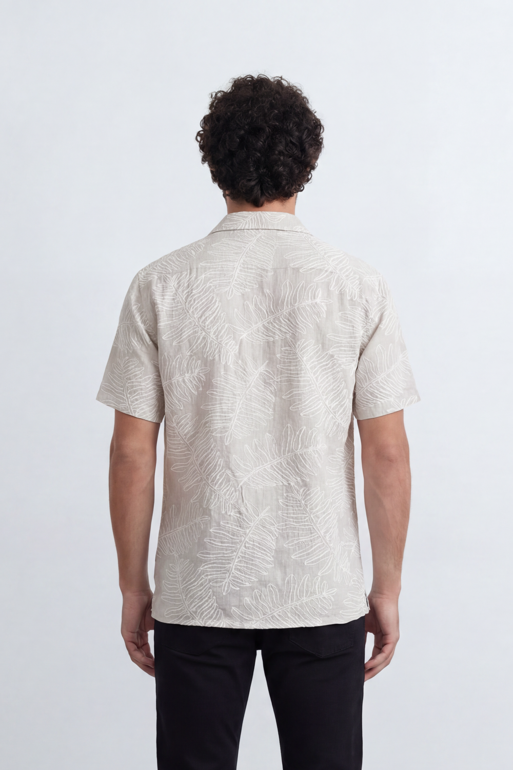 Men’s Tomato Store Leaf Trace Resort Shirt Allover Botanical Outline Print Over A Fine Slub Grain