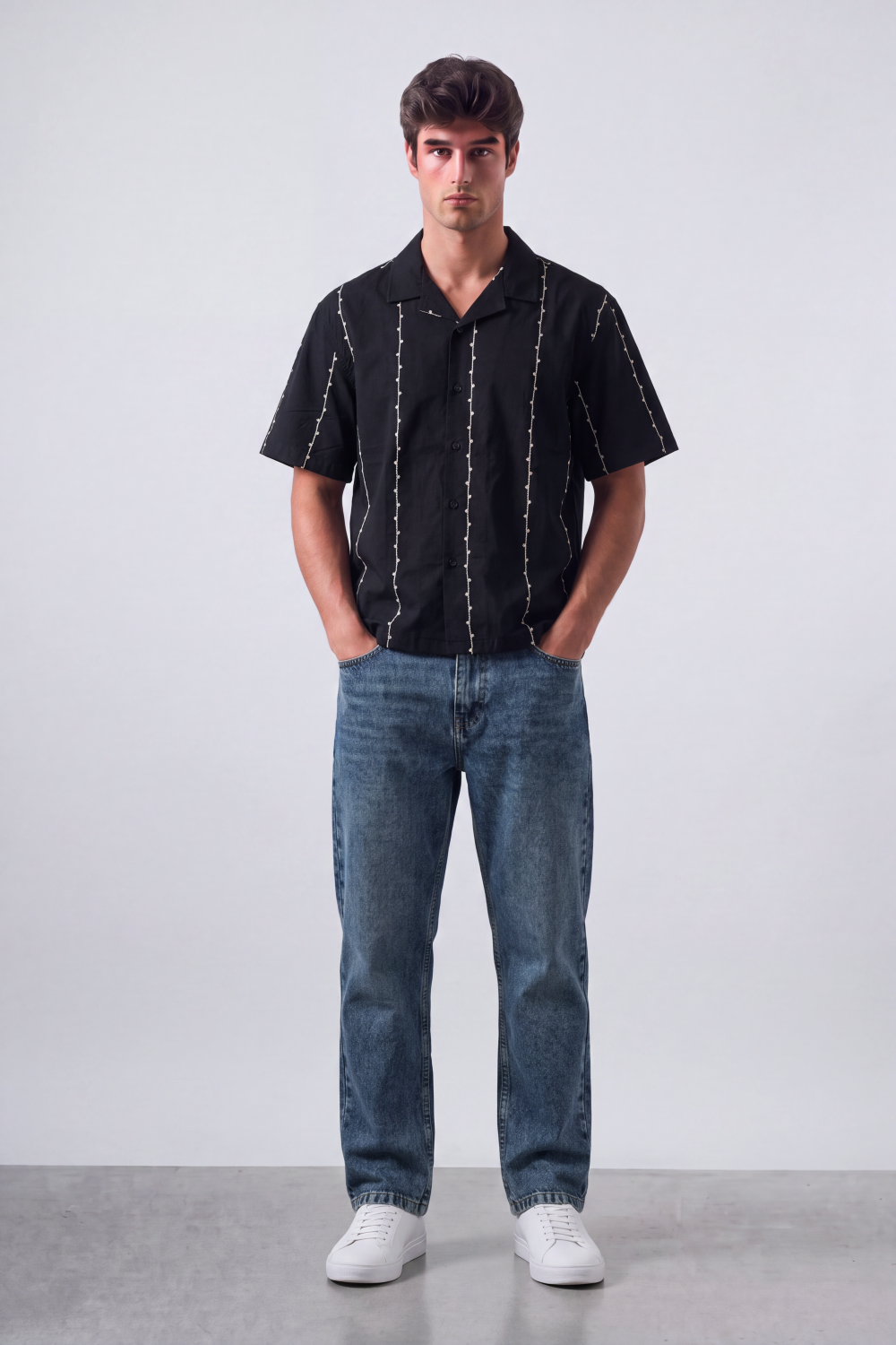 Men's Tomato Store Summer Resort Shirt Contrast Vertical Embroidery Camp Collar Button Front