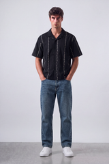 Men's Tomato Store Summer Resort Shirt Contrast Vertical Embroidery Camp Collar Button Front