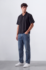 Men's Tomato Store Summer Resort Shirt Contrast Vertical Embroidery Camp Collar Button Front