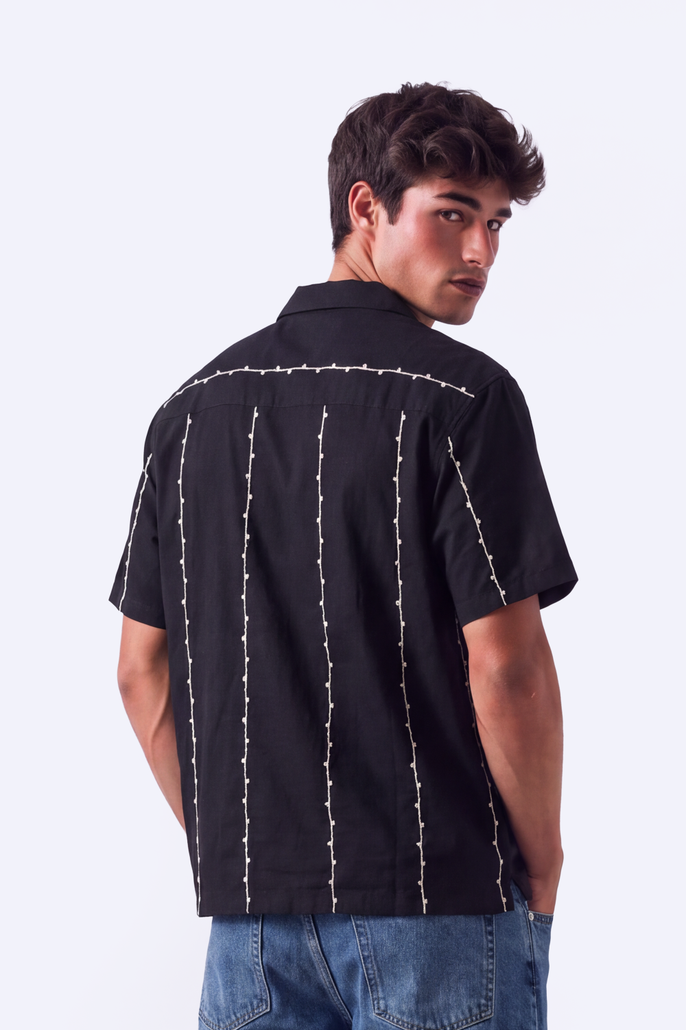 Men's Tomato Store Summer Resort Shirt Contrast Vertical Embroidery Camp Collar Button Front