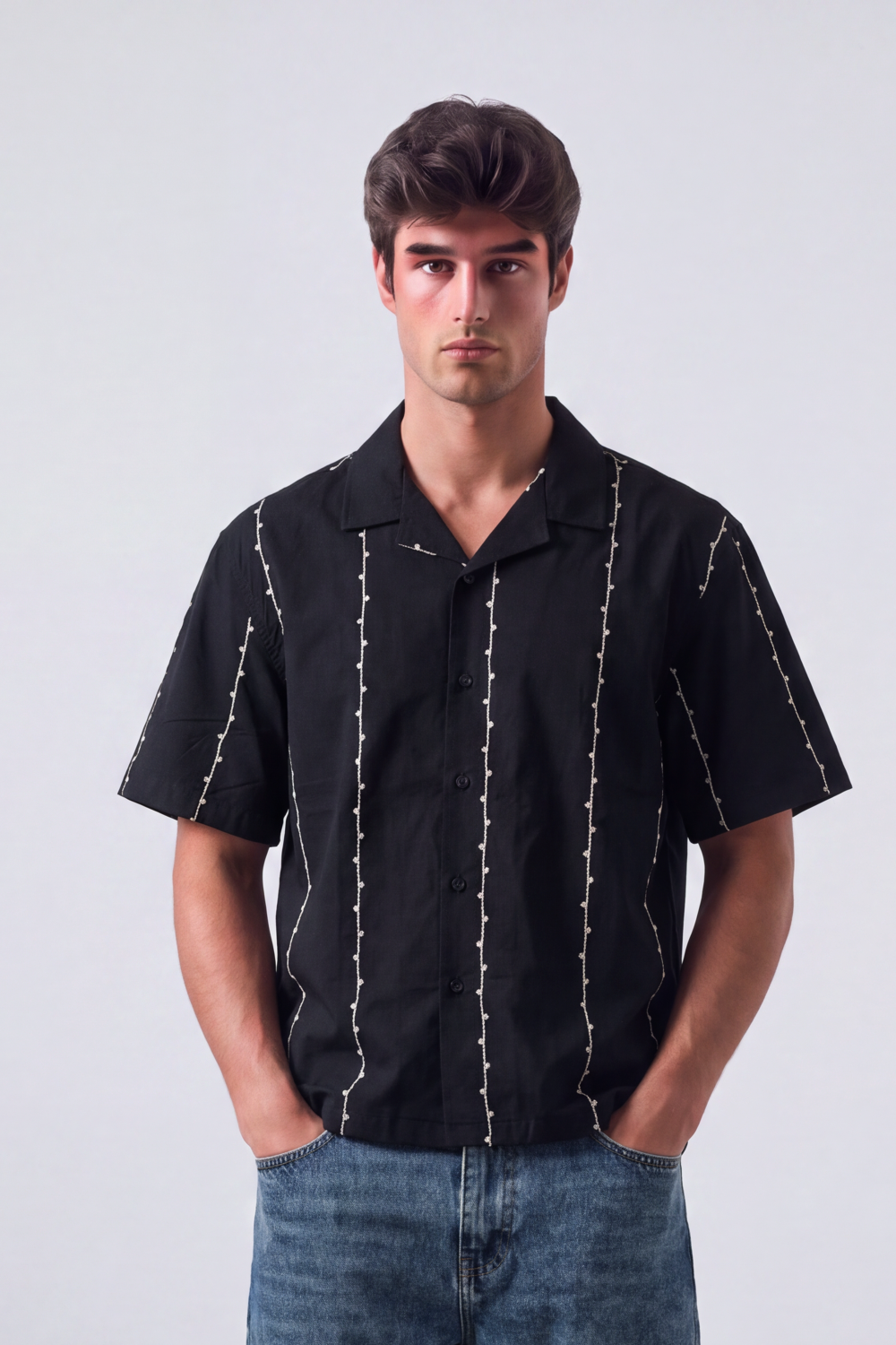 Men's Tomato Store Summer Resort Shirt Contrast Vertical Embroidery Camp Collar Button Front