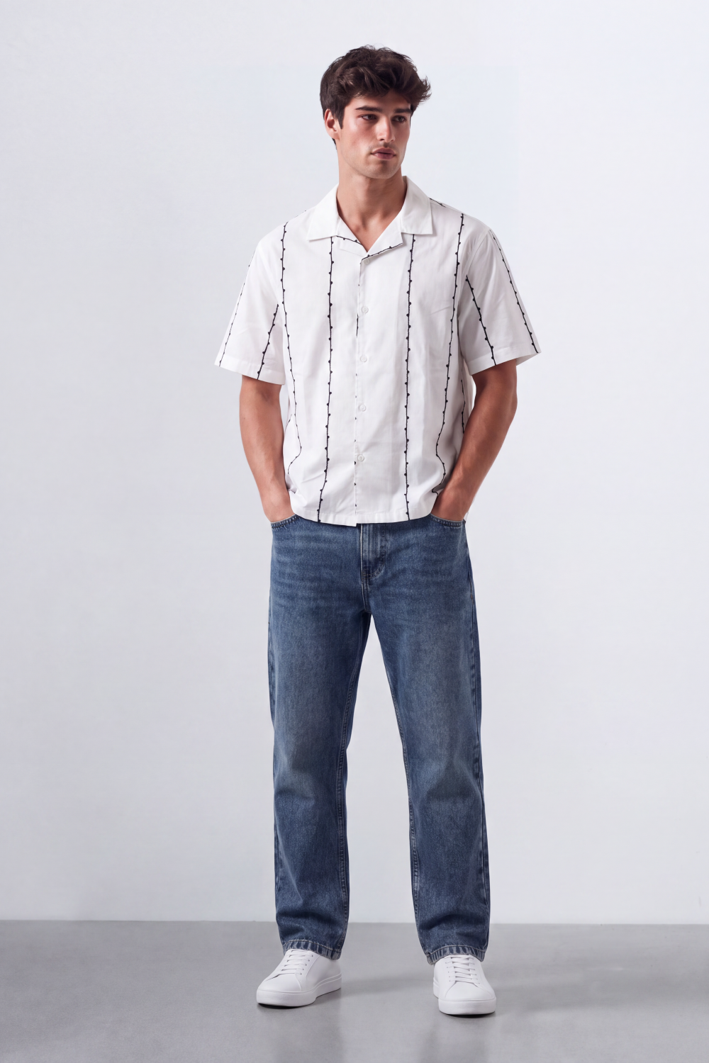 Men's Tomato Store Summer Resort Shirt Contrast Vertical Embroidery Camp Collar Button Front