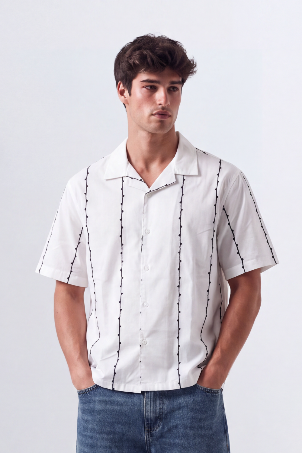 Men's Tomato Store Summer Resort Shirt Contrast Vertical Embroidery Camp Collar Button Front
