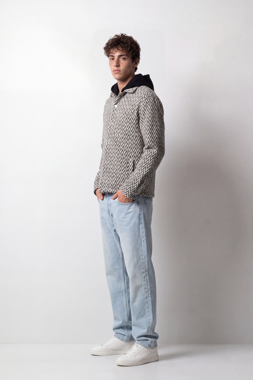 Men's Tomato Store Textured Woven Overshirt Chevron Pattern Contrast Hood Slim Fit