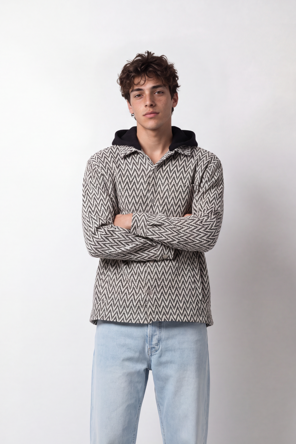 Men's Tomato Store Textured Woven Overshirt Chevron Pattern Contrast Hood Slim Fit