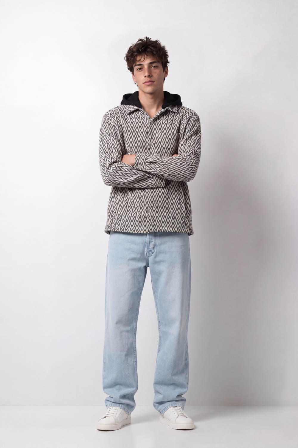 Men's Tomato Store Textured Woven Overshirt Chevron Pattern Contrast Hood Slim Fit
