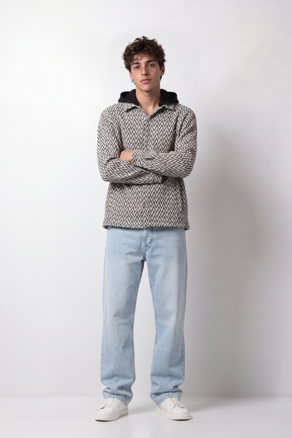 Men's Tomato Store Textured Woven Overshirt Chevron Pattern Contrast Hood Slim Fit