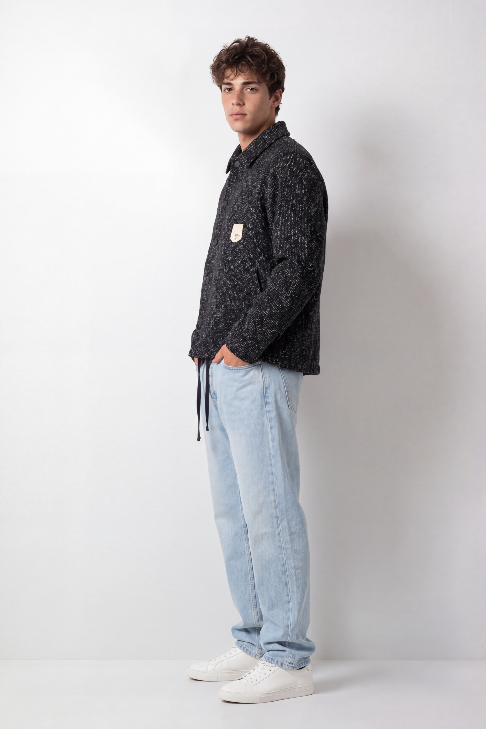 Men's Tomato Store Textured Woven Jacket Structured Collar Button Front Pocket Detail