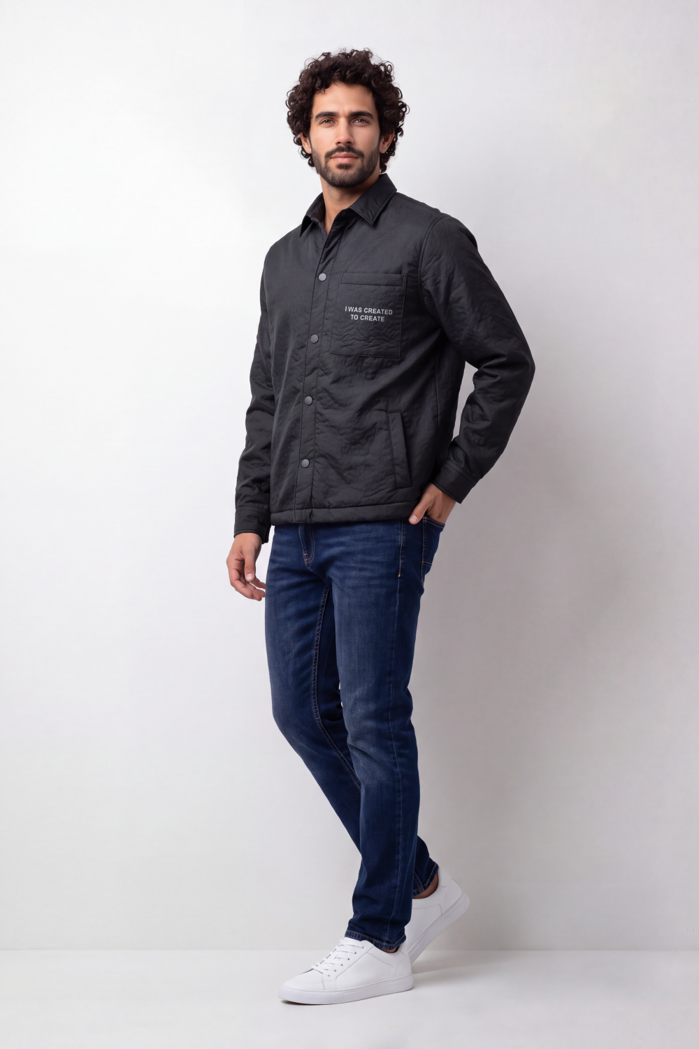 Men's Tomato Store Padded Jacket Snap Button Slim Fit Chest Pocket Slogan Detail