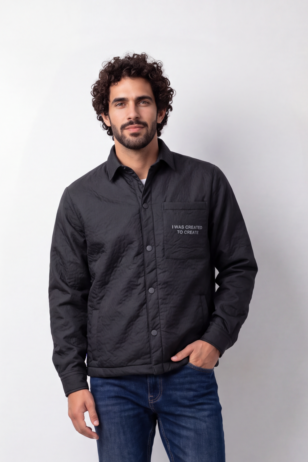 Men's Tomato Store Padded Jacket Snap Button Slim Fit Chest Pocket Slogan Detail