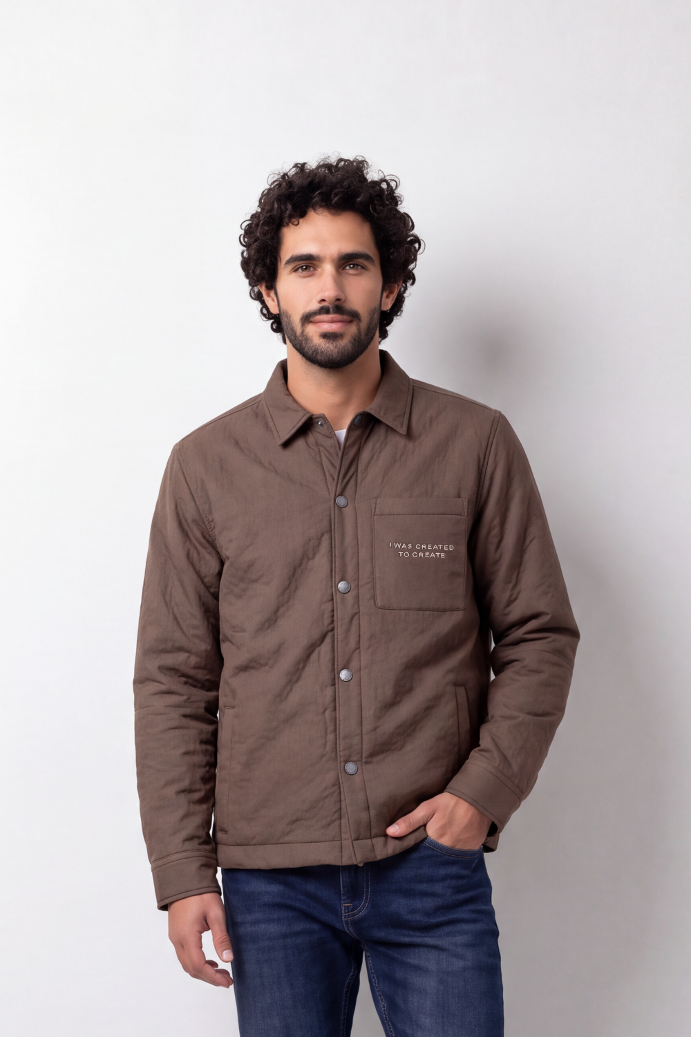 Men's Tomato Store Padded Jacket Snap Button Slim Fit Chest Pocket Slogan Detail