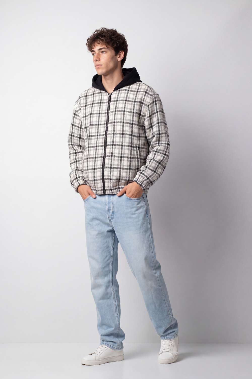 Men's Tomato Store Slim Fit Plaid Hooded Jacket Contrast Hood Full-Zip