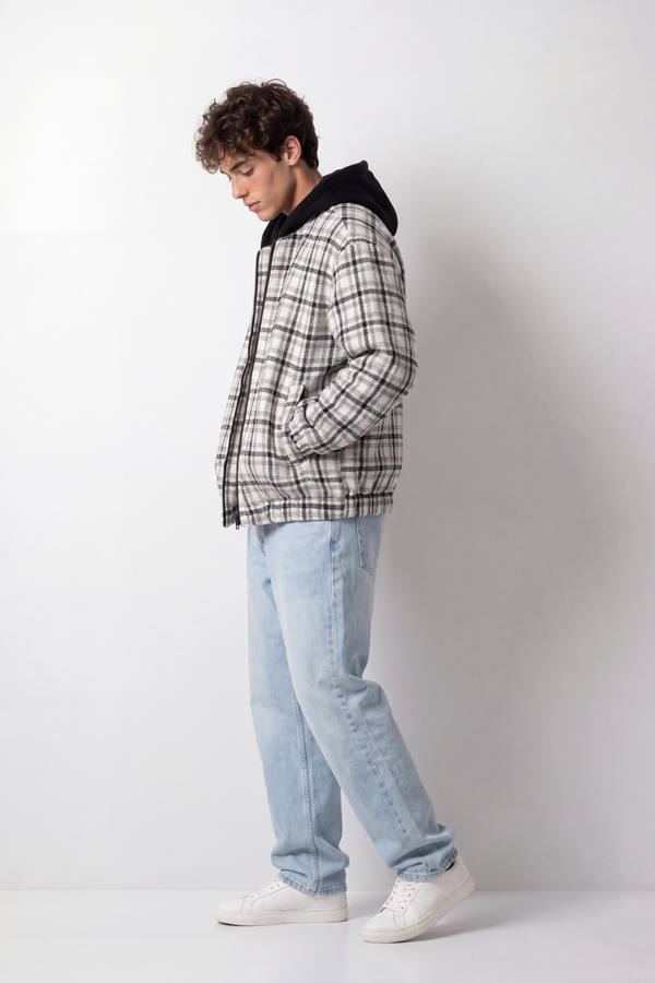 Men's Tomato Store Slim Fit Plaid Hooded Jacket Contrast Hood Full-Zip