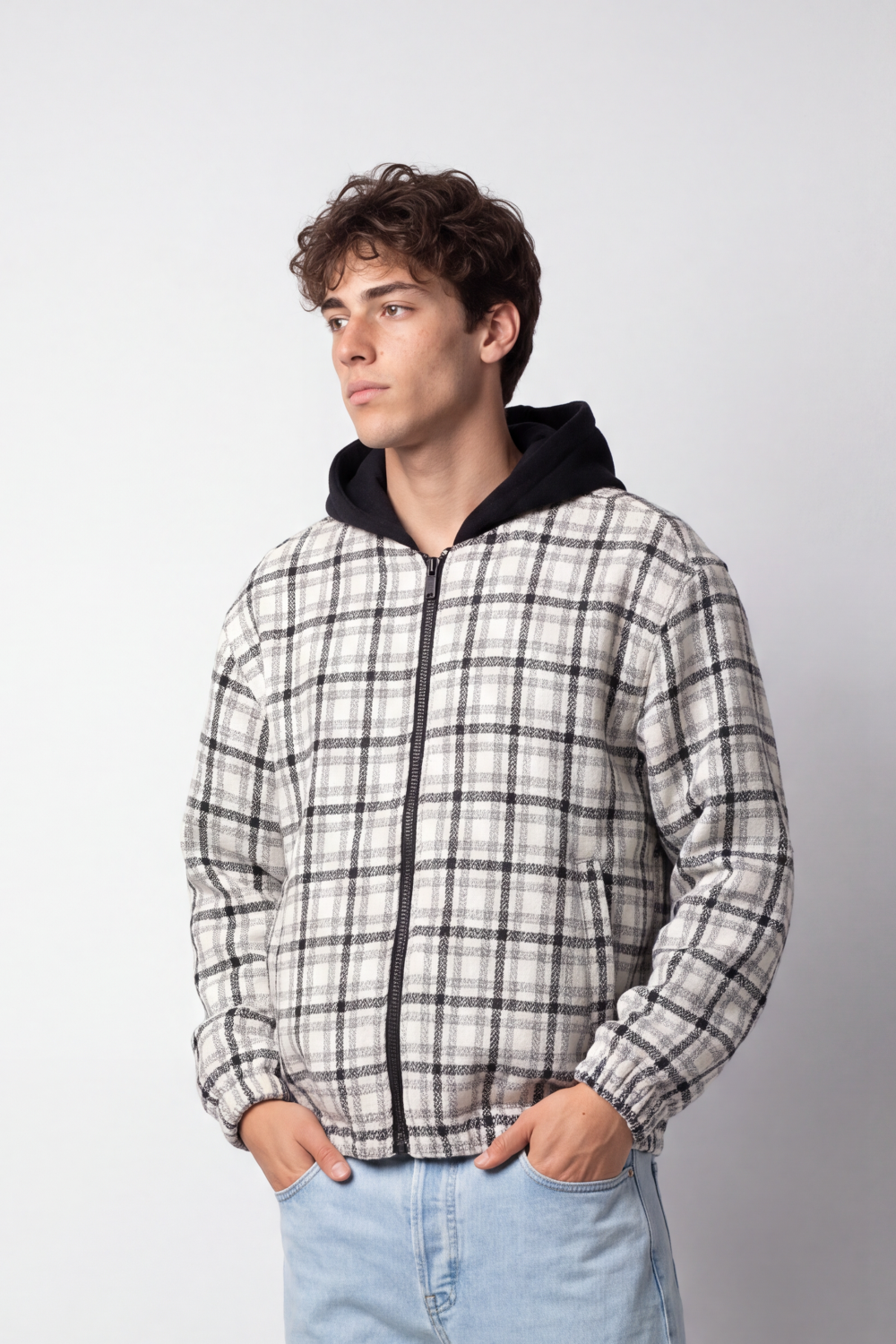 Men's Tomato Store Slim Fit Plaid Hooded Jacket Contrast Hood Full-Zip