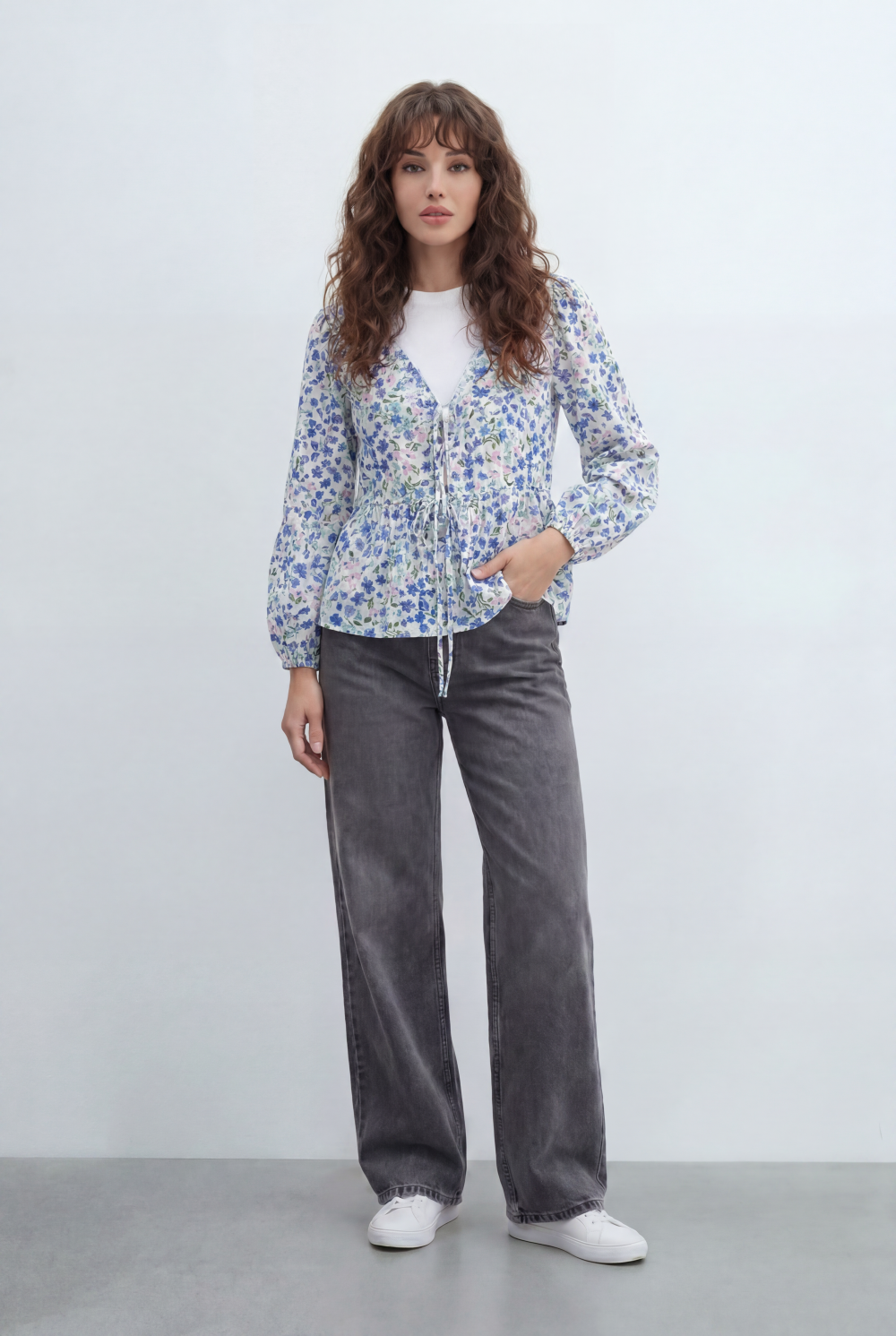 Women’s Tomato Store Floral Peplum Blouse Designed Tie Front Detail Soft Ruffle Trims Gathered Waist