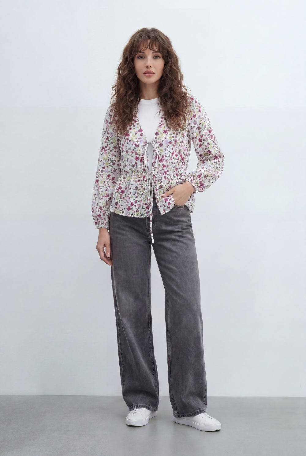 Women’s Tomato Store Floral Peplum Blouse Designed Tie Front Detail Soft Ruffle Trims Gathered Waist