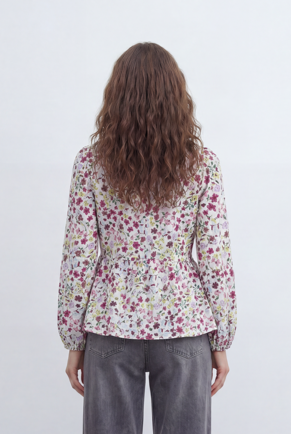 Women’s Tomato Store Floral Peplum Blouse Designed Tie Front Detail Soft Ruffle Trims Gathered Waist