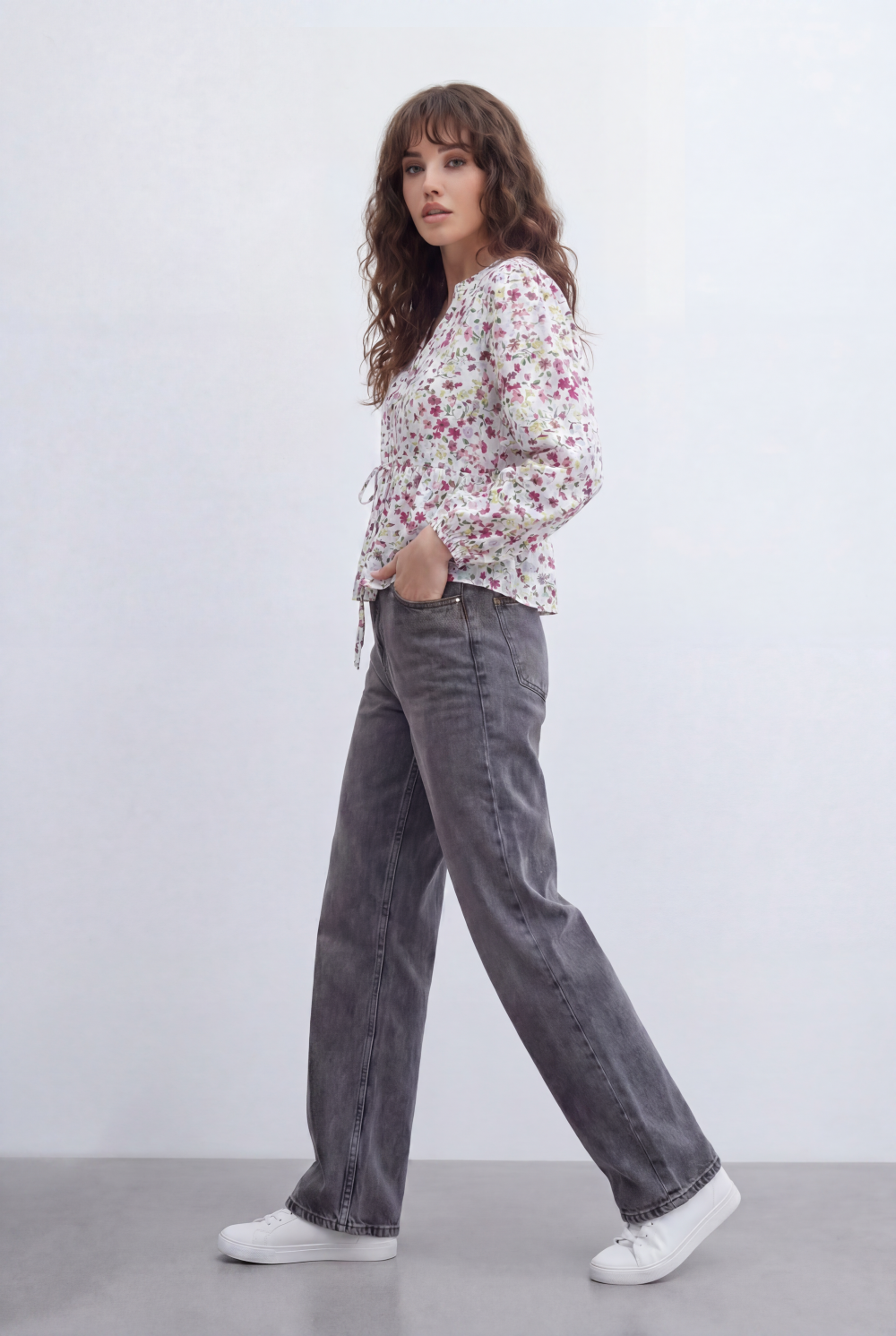 Women’s Tomato Store Floral Peplum Blouse Designed Tie Front Detail Soft Ruffle Trims Gathered Waist