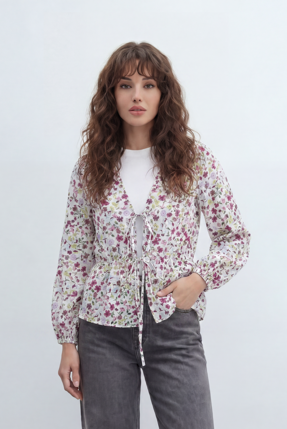 Women’s Tomato Store Floral Peplum Blouse Designed Tie Front Detail Soft Ruffle Trims Gathered Waist