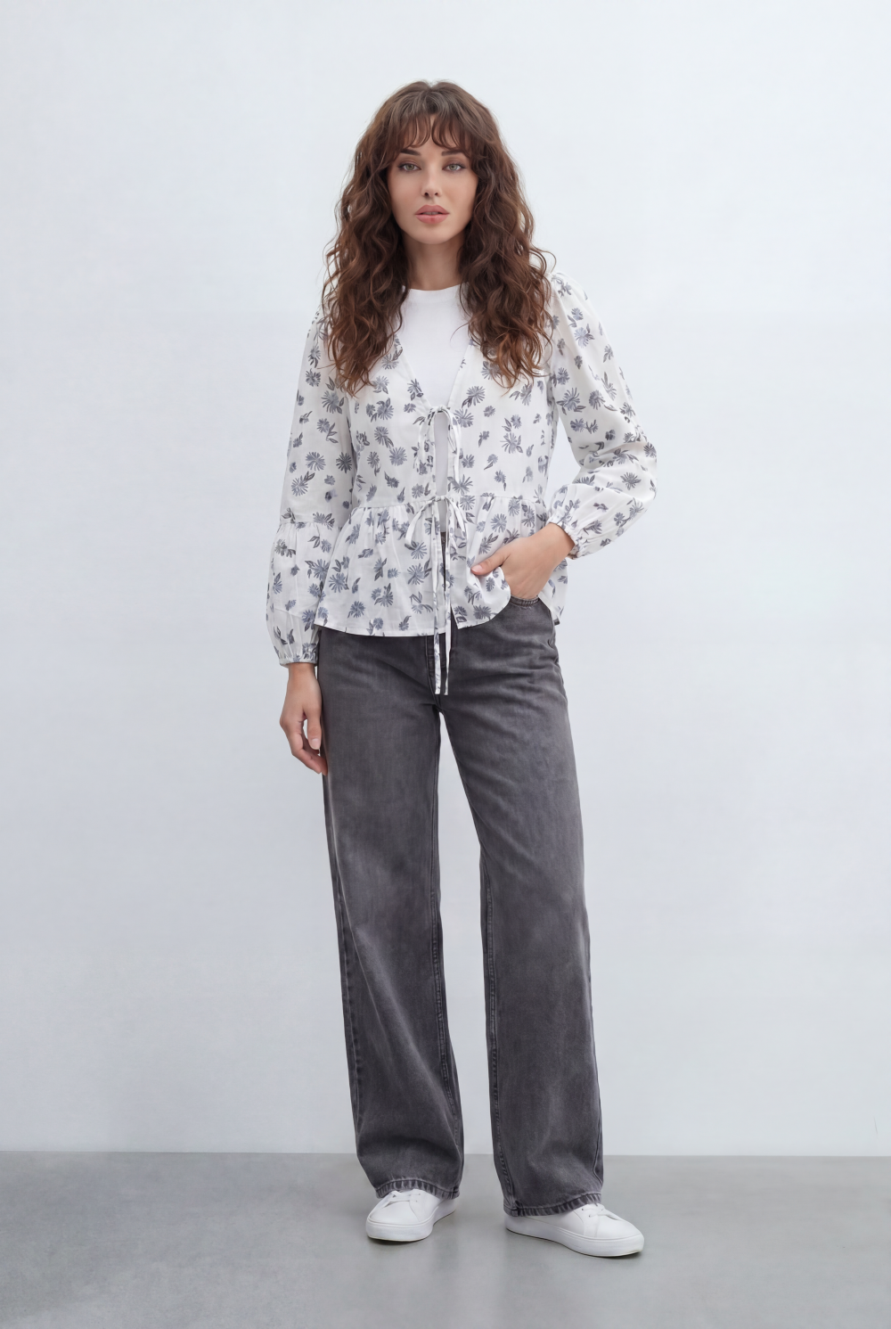 Women’s Tomato Store Printed Peplum Blouse Featuring Delicate Tie Front Details