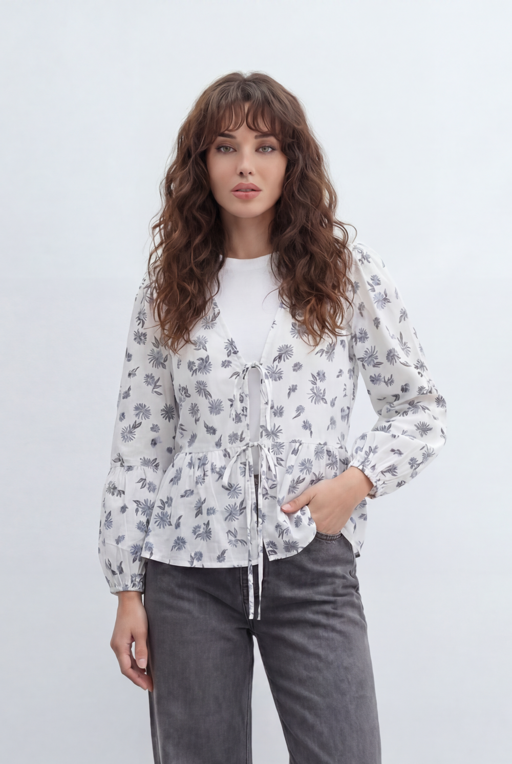 Women’s Tomato Store Printed Peplum Blouse Featuring Delicate Tie Front Details