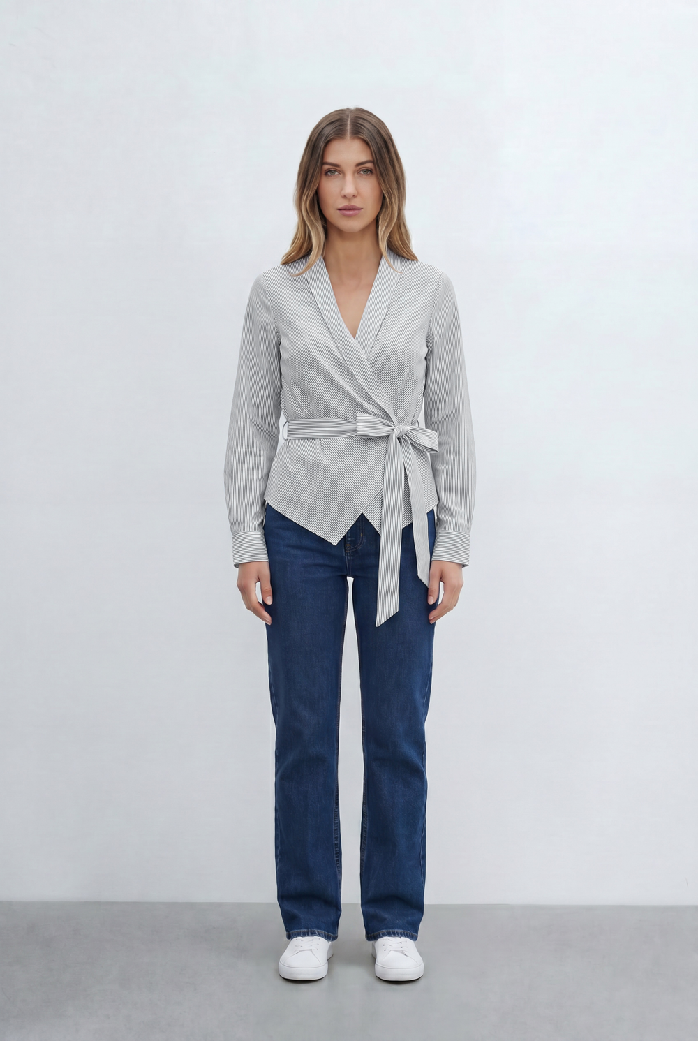 Women’s Stripe Wrap Blouse Timeless Pinstripe Pattern Elegant V Neckline Self Tie Waist Flattering Fit