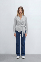 Women’s Stripe Wrap Blouse Timeless Pinstripe Pattern Elegant V Neckline Self Tie Waist Flattering Fit