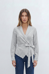 Women’s Stripe Wrap Blouse Timeless Pinstripe Pattern Elegant V Neckline Self Tie Waist Flattering Fit