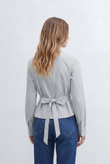 Women’s Stripe Wrap Blouse Timeless Pinstripe Pattern Elegant V Neckline Self Tie Waist Flattering Fit
