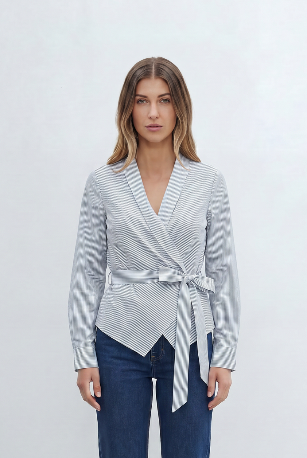 Women’s Stripe Wrap Blouse Timeless Pinstripe Pattern Elegant V Neckline Self Tie Waist Flattering Fit
