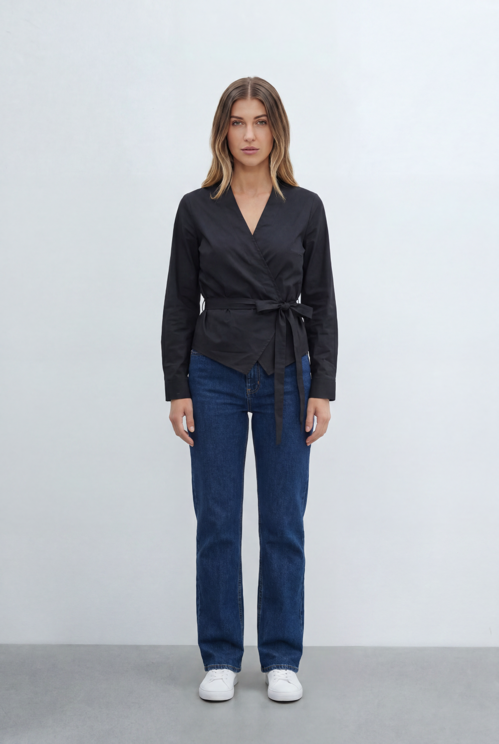 Women’s Wrap Front Blouse Featuring Flattering V Neckline Long Sleeves Self Tie Waist Detail