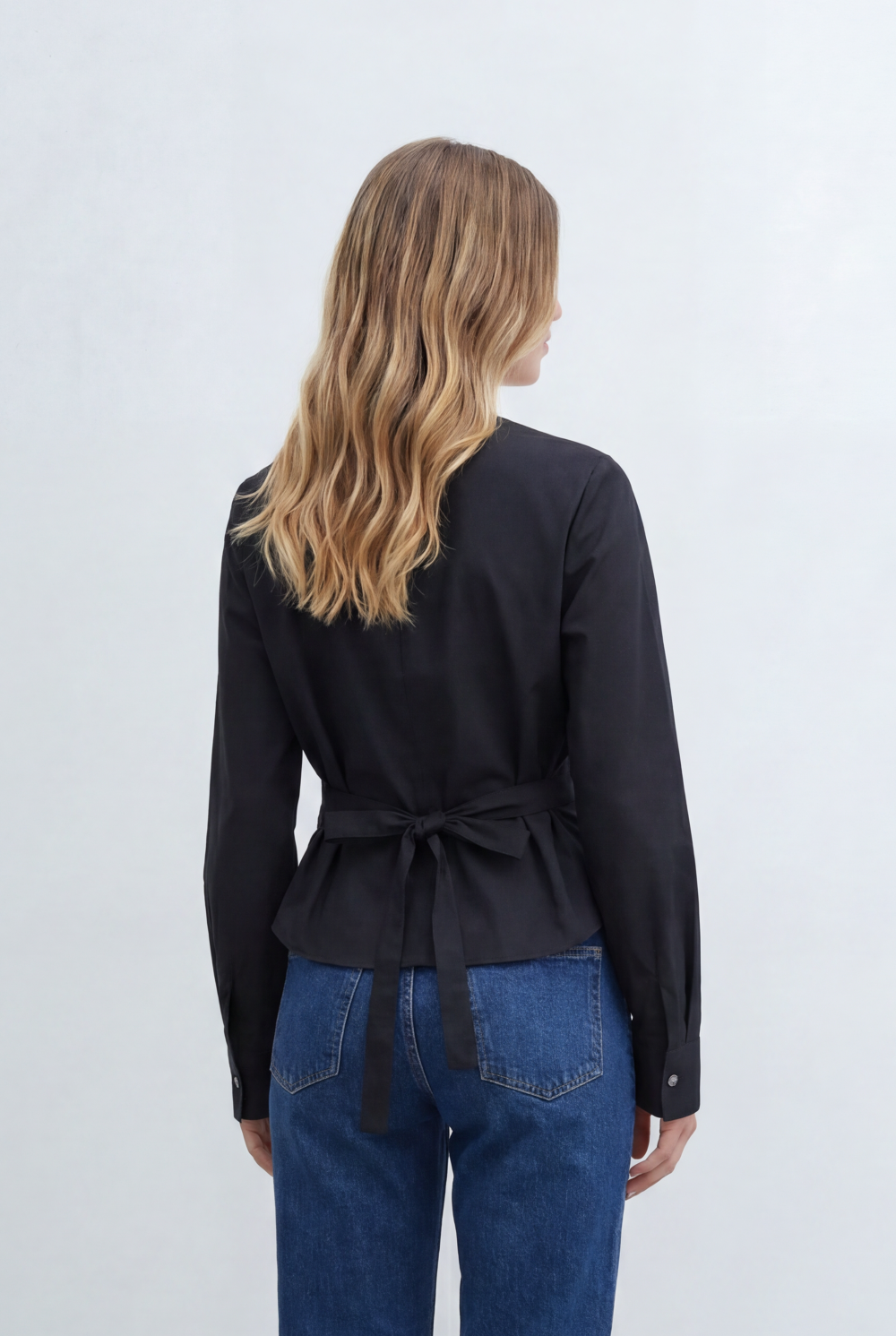 Women’s Wrap Front Blouse Featuring Flattering V Neckline Long Sleeves Self Tie Waist Detail