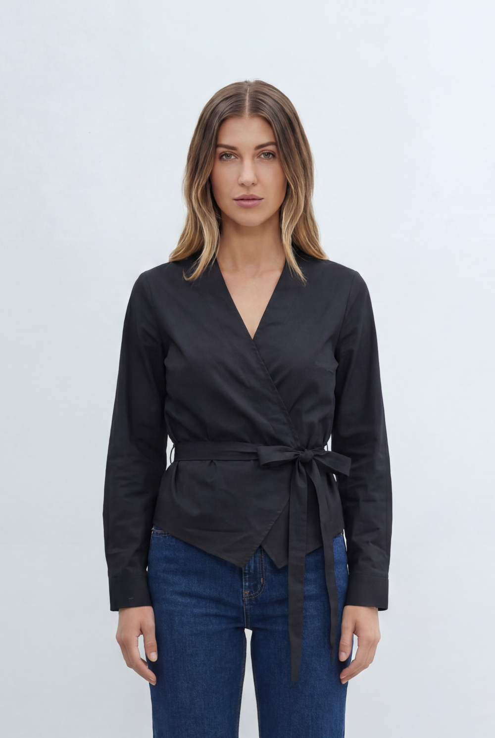 Women’s Wrap Front Blouse Featuring Flattering V Neckline Long Sleeves Self Tie Waist Detail
