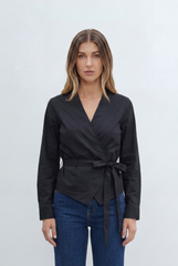 Women’s Wrap Front Blouse Featuring Flattering V Neckline Long Sleeves Self Tie Waist Detail