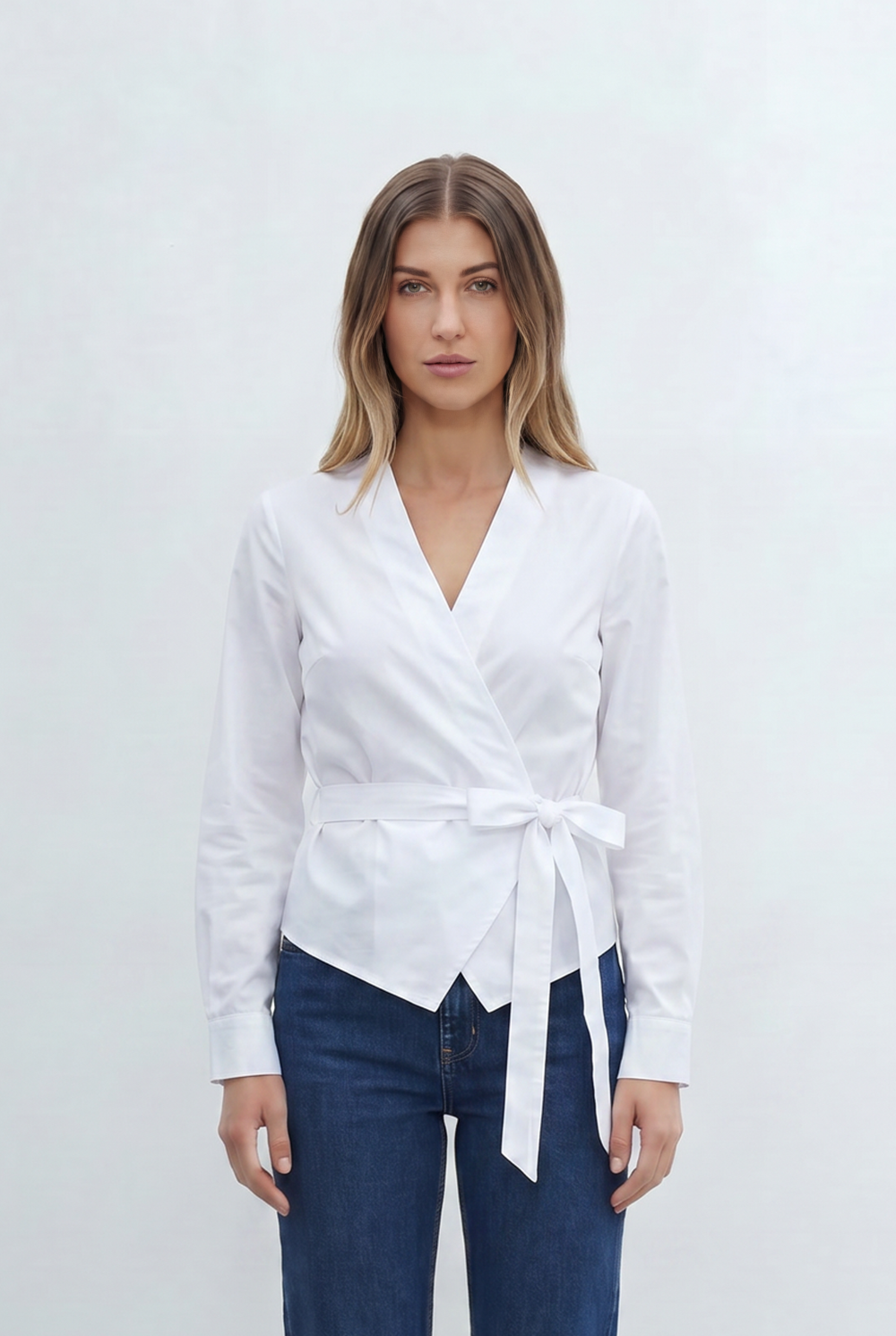 Women’s Wrap Front Blouse Featuring Flattering V Neckline Long Sleeves Self Tie Waist Detail