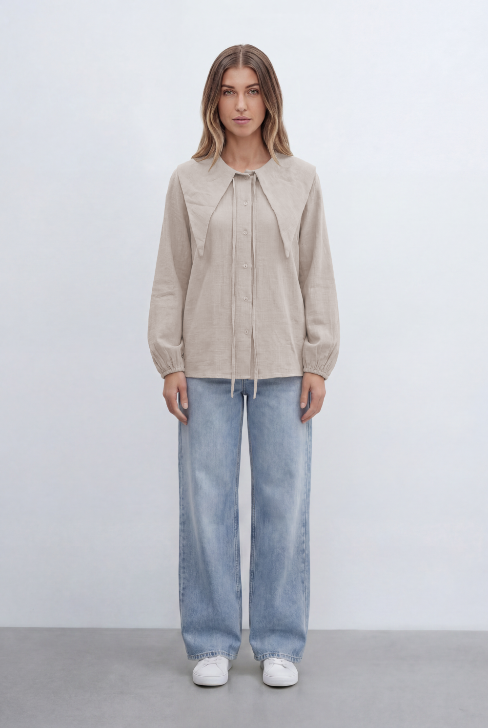 Women’s Tomato Store Button Front Shirt Oversized Sailor Collar Tie Detail Soft Gathered Cuffs