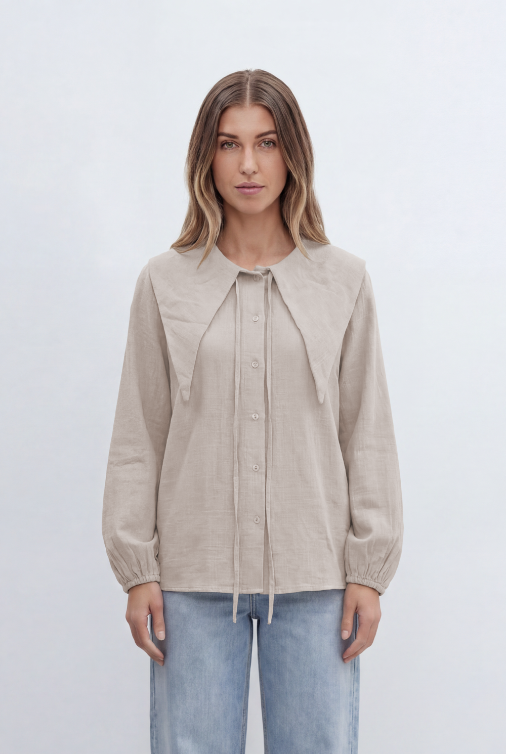 Women’s Tomato Store Button Front Shirt Oversized Sailor Collar Tie Detail Soft Gathered Cuffs
